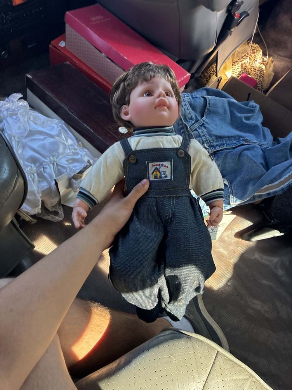 Duck House Heirloom Porcelain Boy Doll in Denim Overalls and Striped Sweater